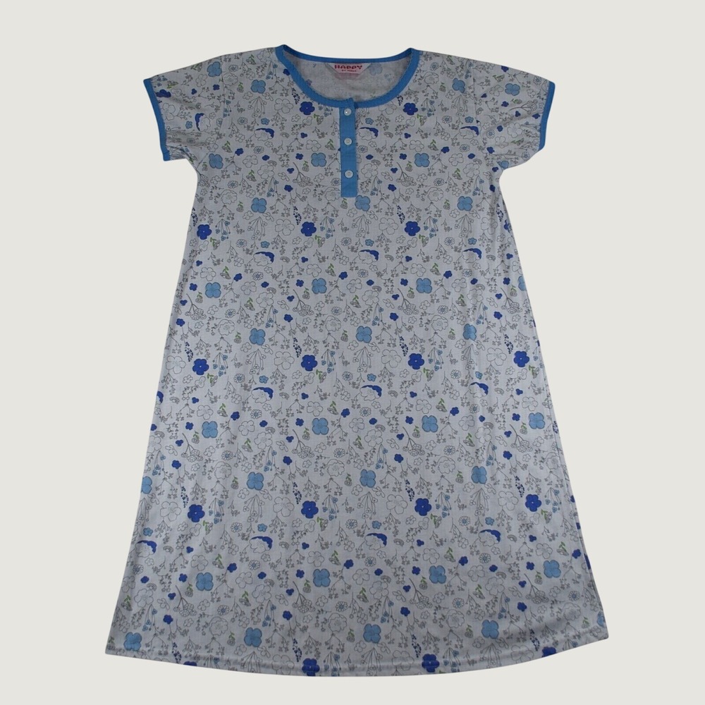 Happy by Vance Cotton Floral Sleepshirt Nightgown Blue White Short Sleeve S M